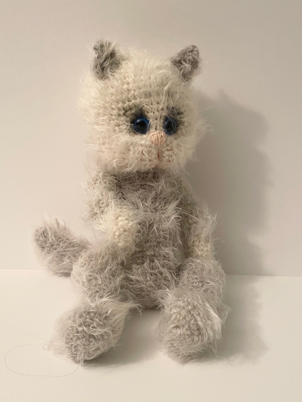 Handmade Crochet Jointed Fluffy Gray Cat Art Doll Plush OOAK
